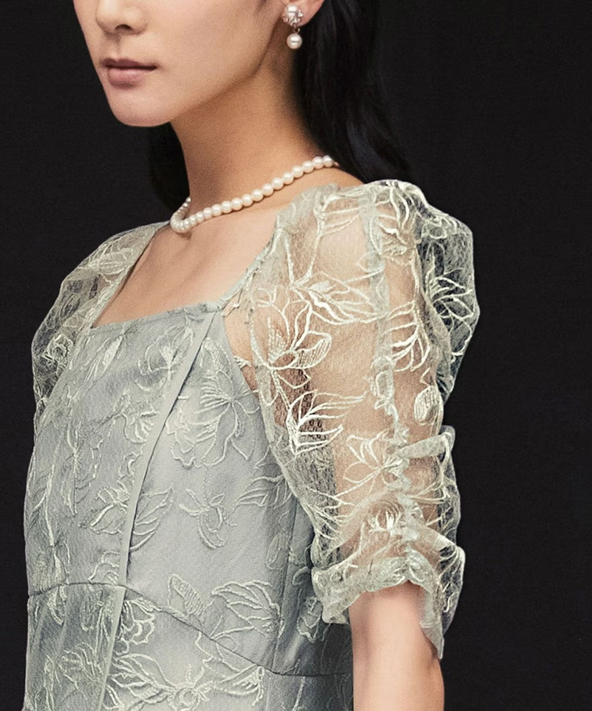 パフスリーブフラワー刺繍チュールエンブロイダリーロング丈ワンピースドレス