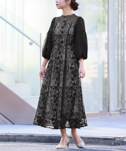 花柄刺繍レース×シアーバルーンスリーブロング丈フレアワンピースドレス