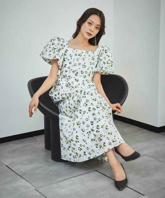 3WAYフラワージャガードパフスリーブロング丈ワンピースドレス