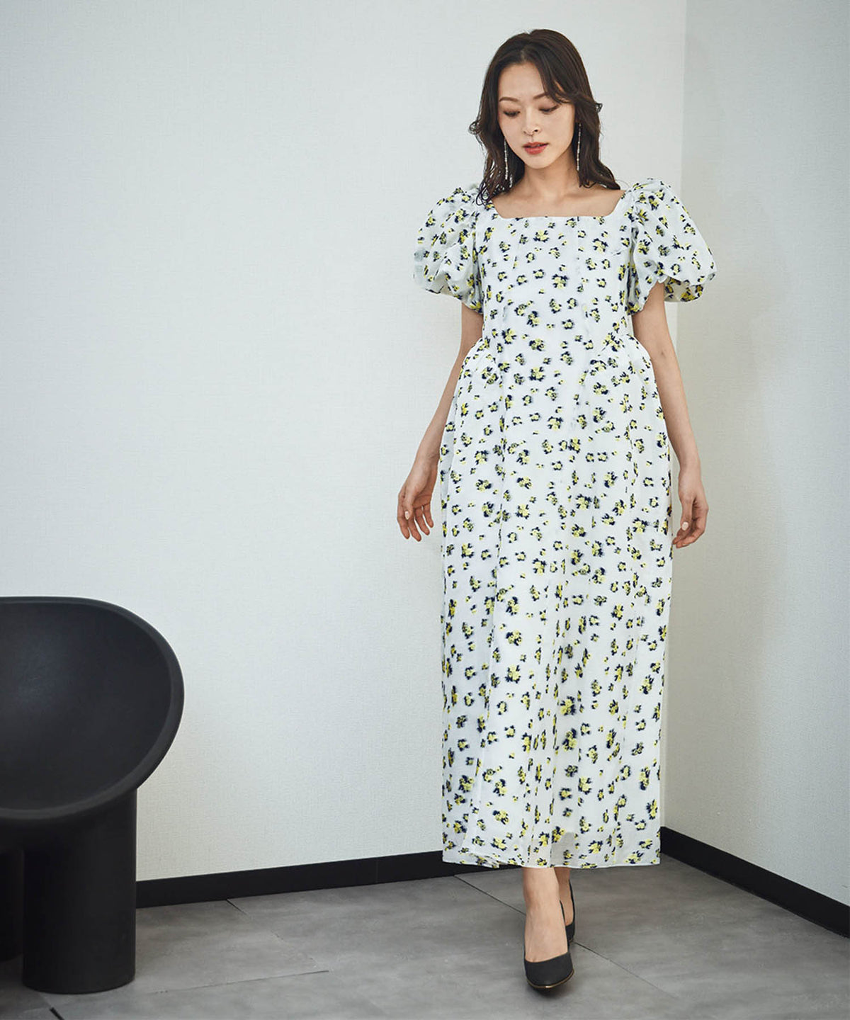 3WAYフラワージャガードパフスリーブロング丈ワンピースドレス