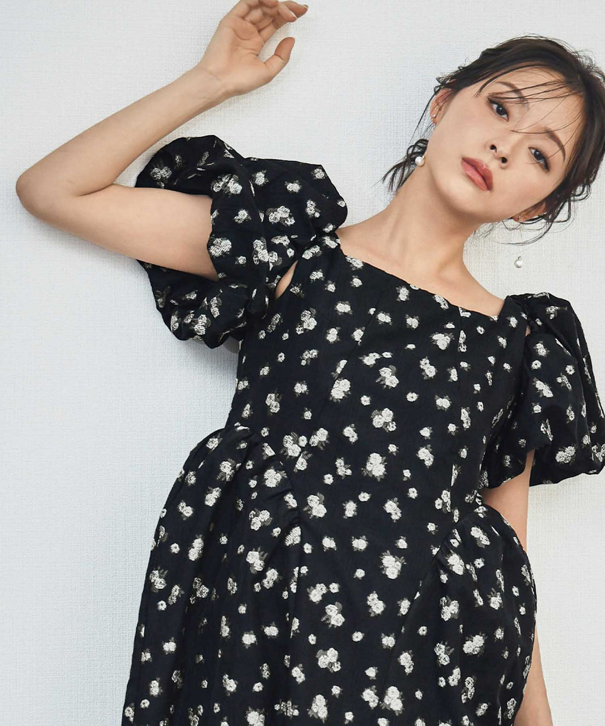 3WAYフラワージャガードパフスリーブロング丈ワンピースドレス
