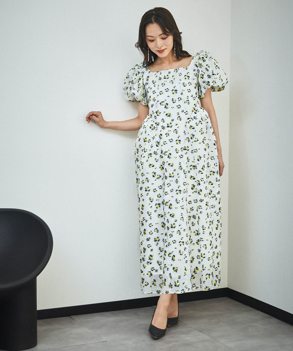 3WAYフラワージャガードパフスリーブロング丈ワンピースドレス