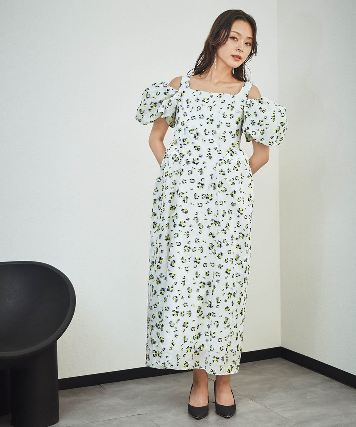 3WAYフラワージャガードパフスリーブロング丈ワンピースドレス