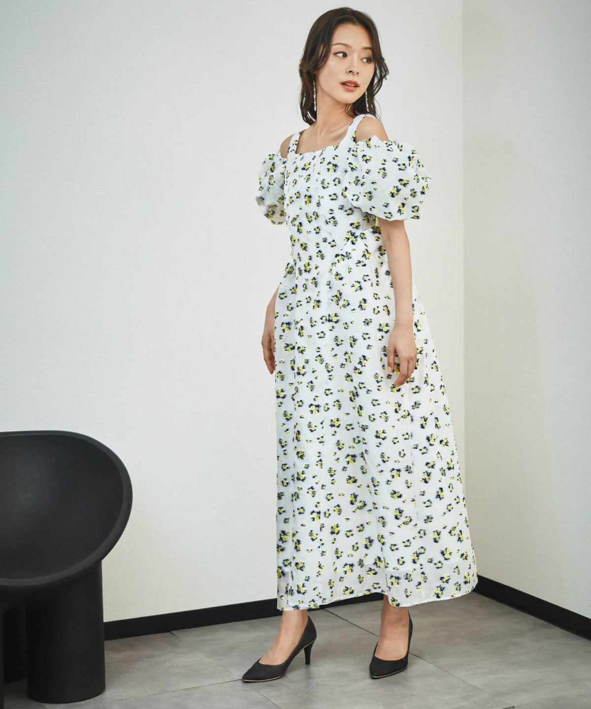 3WAYフラワージャガードパフスリーブロング丈ワンピースドレス