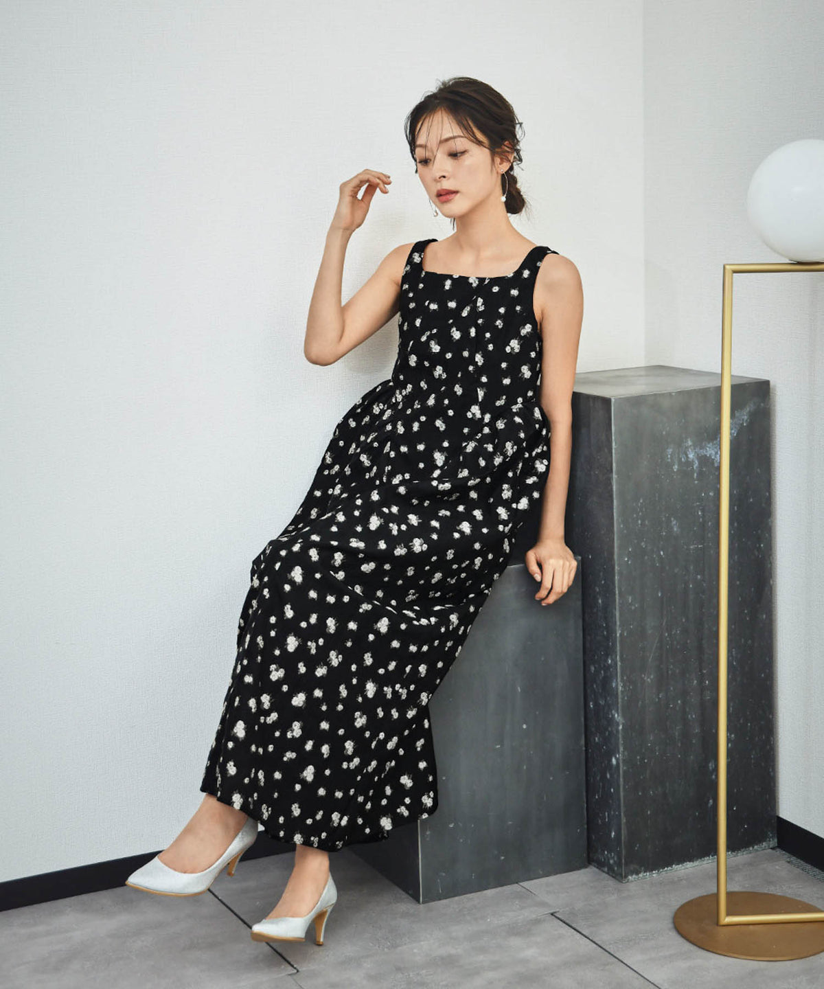 3WAYフラワージャガードパフスリーブロング丈ワンピースドレス