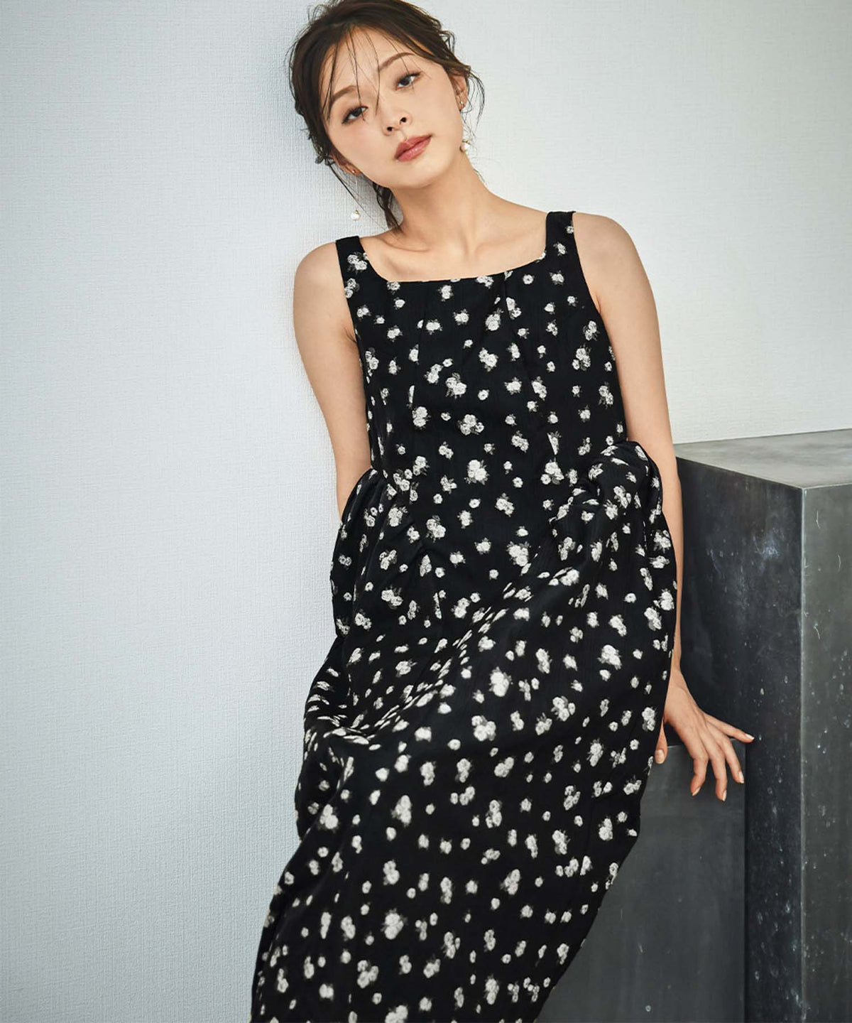 3WAYフラワージャガードパフスリーブロング丈ワンピースドレス