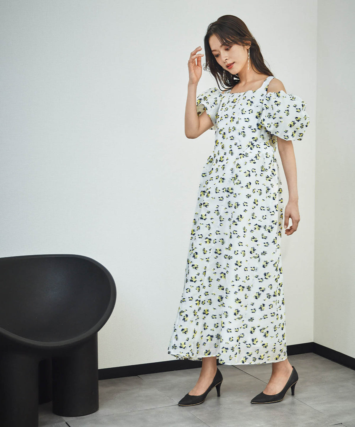 3WAYフラワージャガードパフスリーブロング丈ワンピースドレス