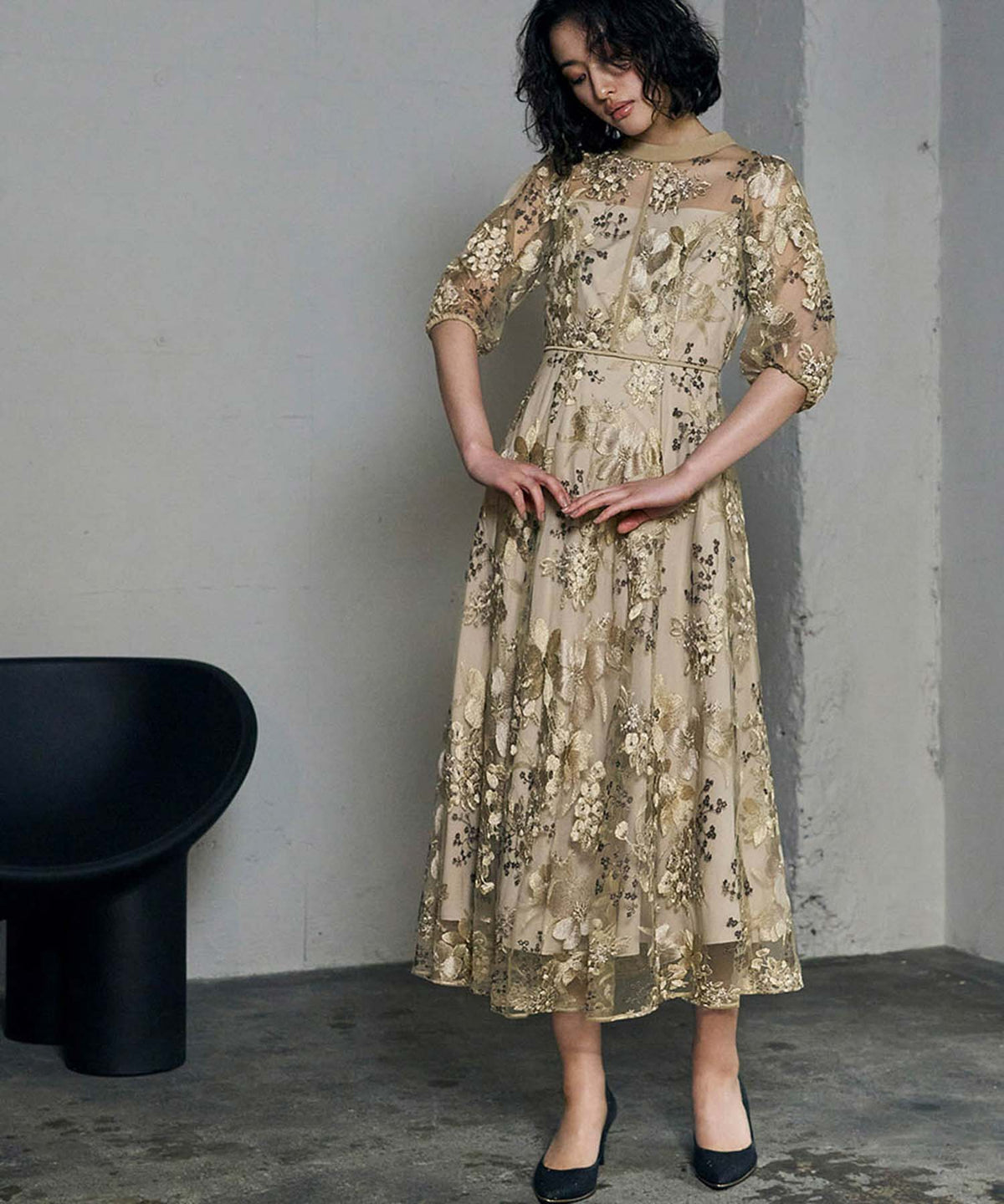 フラワーレース刺繍エンブロイダリーパイピングロング丈フレアワンピースドレス