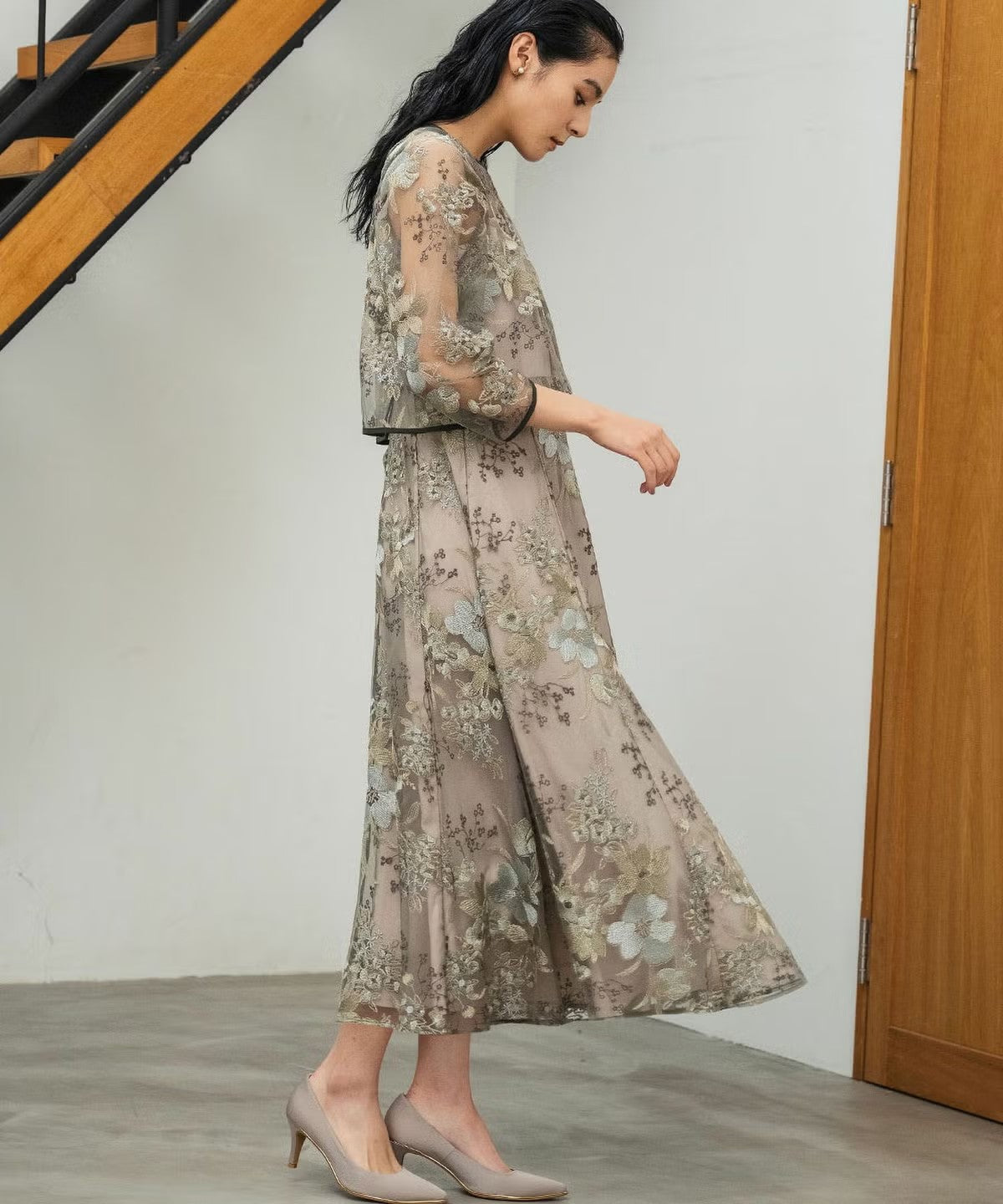 チュール×フラワー刺繍レースボレロドッキングロング丈フレアワンピースドレス