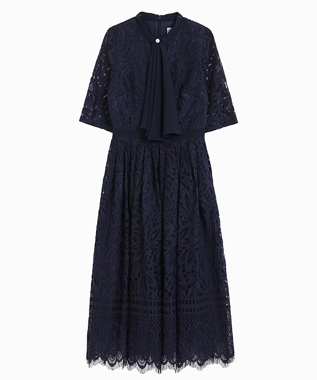 フロントラッフルボウタイのフラワーレースミモレ丈フレアワンピースドレス